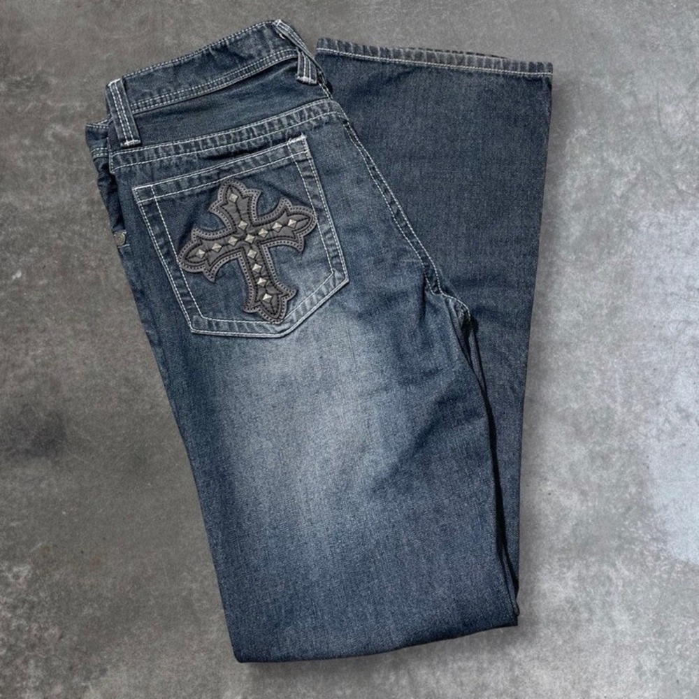 Xtreme Couture Men's Jeans Embellished Cross Pockets Dark Wash Bootcut Size W34